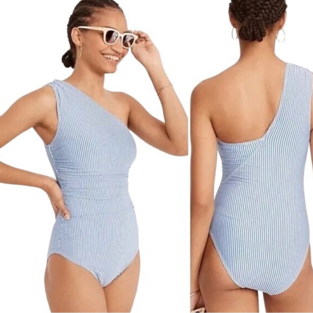 J Crew Ruched‎ Seersucker One Shoulder One Piece Swimsuit Blue White Size 24